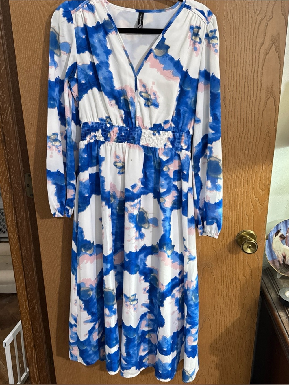 Pretty Garden Women's Boho Floral Long Puff Sleeve V Neck Midi Dress Size Medium